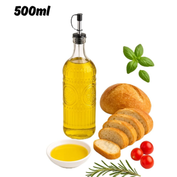 Glass Oil & Vinegar Dispenser – 500ml Square Bottle with Pourer (Random Design -Pack of 1)