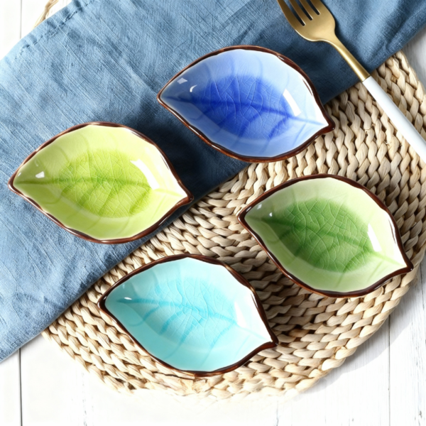 Leaf-Shaped Ceramic Plate – Elegant Green Serving Dish for Snacks, Sauces & Home Decor (Random color-Pack of 1)